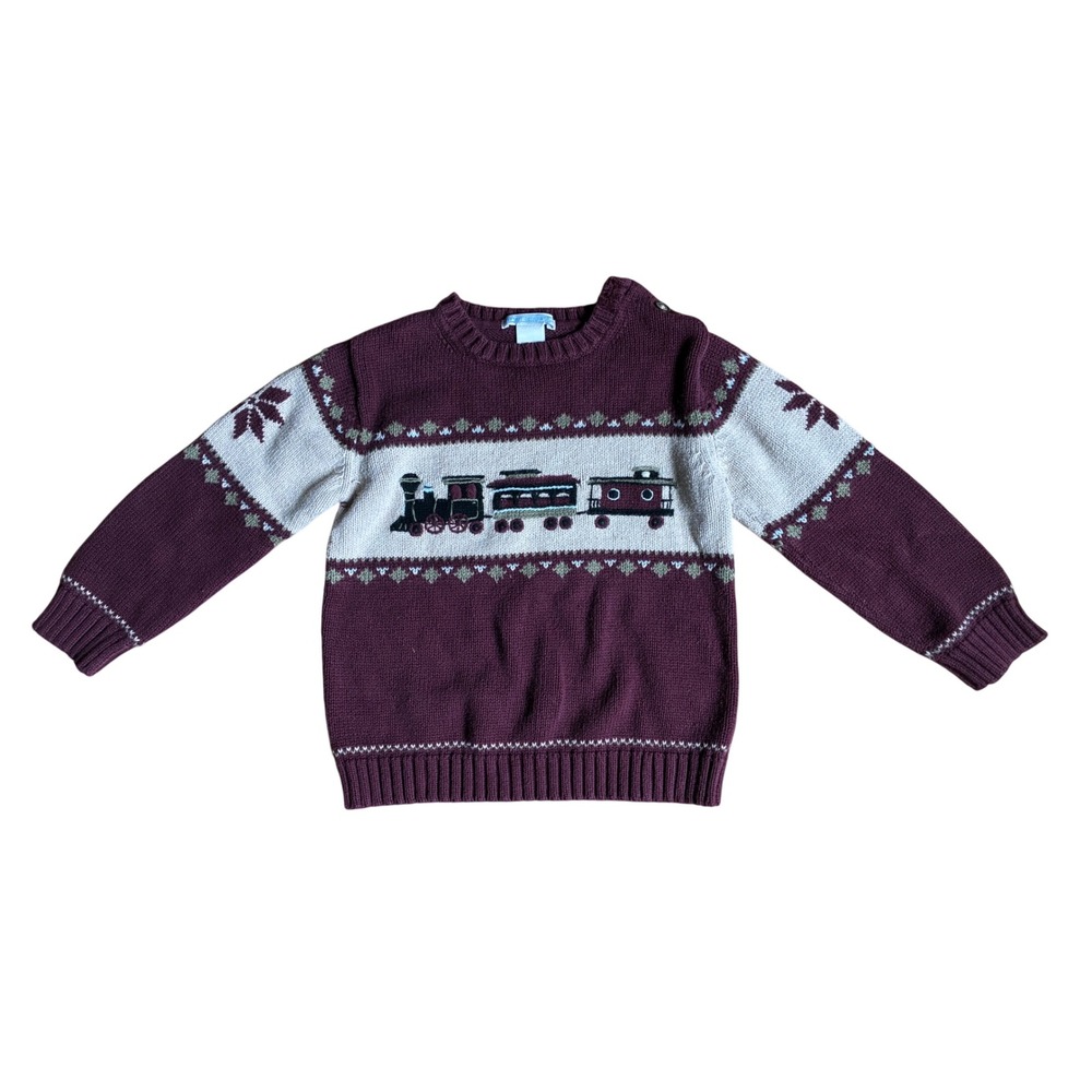 Janie and Jack Boys Burgundy Train Fair Isle Cotton Knit Sweater Size 3T